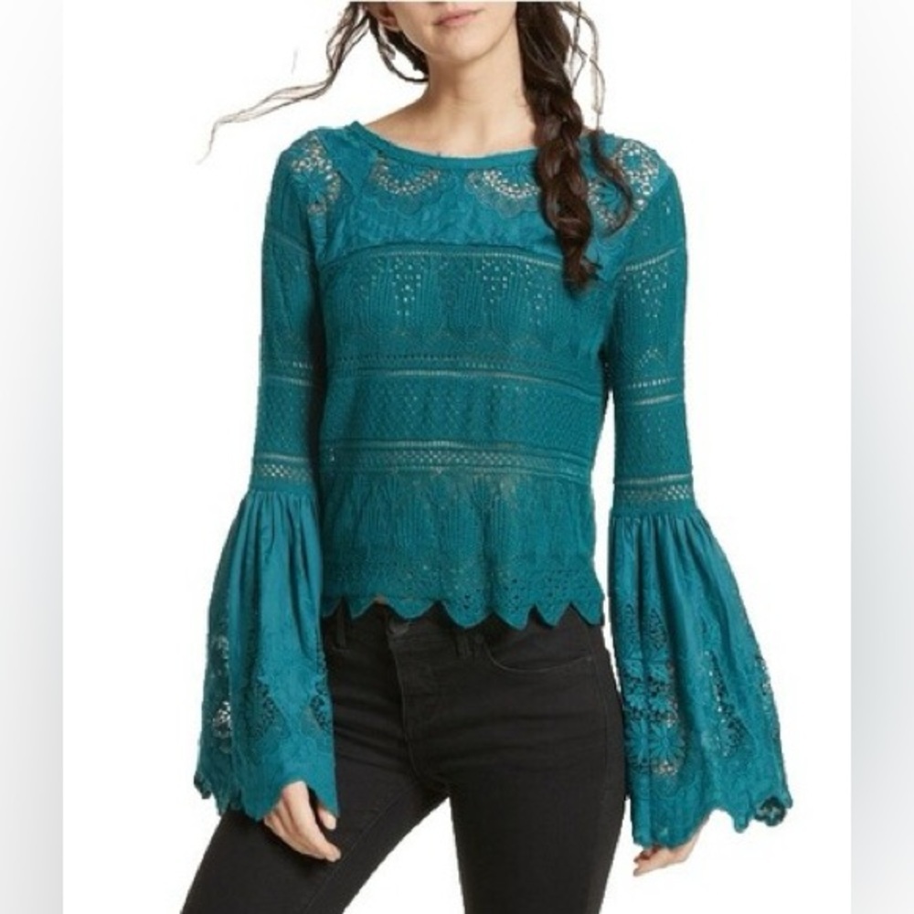 Free People Teal Lace Crochet Long Sleeve Blouse